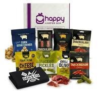 Happy Hamper Box Savoury Snack Hamper with Cooking Apron 9 Items, Serious Pig Pub Treats Selection with Cheese Bites, Salami, Snacking Pickles, Olives, Crisps, Gourmet Food Gift for Him Fathers Day