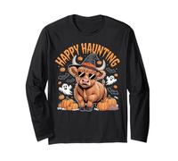 Happy Haunting Highland Cow Witch Halloween Cute Long Sleeve T-Shirt