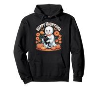 Happy Hauntings Cute Ghost and Black Cat Design Pullover Hoodie