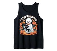 Happy Hauntings Cute Ghost and Black Cat Design Tank Top