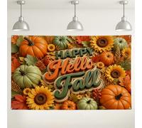 Happy Hello Fall Pumpkins Sunflower Autumn Backdrop Banner 71x43 Inch | Sunflower Accents, Photo Backdrop, Rustic Harvest Theme, Large Seasonal Wall Decor, Vibrant Orange And Green Tones