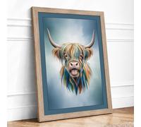 Happy Highland Cattle Modern Framed Wall Art Print A1 (84.1×59.4cm) Oak, Wall Decor for Living Room, Bedroom, Office & Home, Ready to Hang, Art Gift