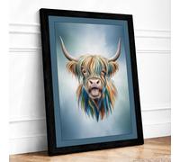 Happy Highland Cattle Modern Framed Wall Art Print A2 (59.4×42cm) Black, Wall Decor for Living Room, Bedroom, Office & Home, Ready to Hang, Art Gift