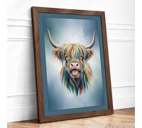 Happy Highland Cattle Modern Framed Wall Art Print A4 (29.7×21cm) Walnut, Wall Decor for Living Room, Bedroom, Office & Home, Ready to Hang, Art Gift
