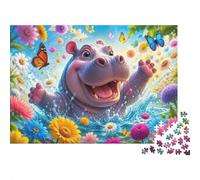 Happy Hippo and Flowers 1000 Piece Jigsaw Puzzle for Adults | 38x26cm Cheerful hippo splashing among colourful flowers and butterflies; a joyful screen-free activity for relaxing solo