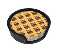 Happy Hippo,Set of 6 Round Coasters, Pu Leather Drinks Coasters with Holder for Home Office Kitchen