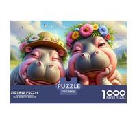 Happy Hippos Flowers 1000 Pieces Adult Jigsaws - Two Hippos with Flower Crowns Suitable for Wall Decompression Fun And Challenging Family Game38x26cm/1000pcs