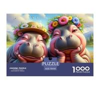 Happy Hippos Flowers Challenging Puzzles 1000 Pc - Two Hippos with Flower Crowns for Men And Women Recycled Paper Suitable for Wall Decompression70x50cm/1000pcs