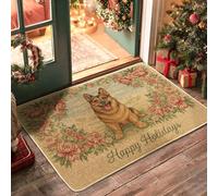 Happy Holidays Dog Doormat, Beige Floral Entrance Mat for Indoor & Outdoor Decor, Non-Slip Dust Absorbent Rug, Easy Care 29x17 Inch