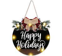 Happy Holidays Door Wreath Sign Christmas Decorations Buffalo Plaid Natural Wood LED Light Xmas Hanging Decor for Front Door Porch Wall Window Rustic Farmhouse Indoor Outdoor, Grain Black, 12 Inches