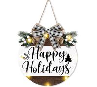 Happy Holidays Door Wreath Sign Christmas Decorations Buffalo Plaid Natural Wood LED Light Xmas Hanging Decor for Front Door Porch Wall Window Rustic Farmhouse Indoor Outdoor, Grain White, 12 Inches