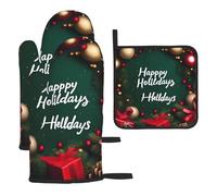 Happy Holidays Oven Mitts And Trivet Set Of Three, #Non-Slip And Heat-Resistant To 180°c, Ideal For Cooking.