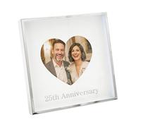 Happy Homewares 25th Anniversary Heart Frame for 4x4 Picture in Nickel Plated with Silver Foil Lettering | For Wall or Table | Modern Square Design
