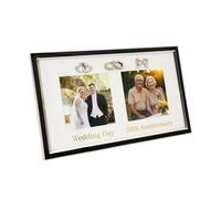 Happy Homewares 50th Golden Anniversary and Wedding Day Picture Frame in Silver and Black with Gold Text | Hearts Rings and Ribbon Icons | Table or Wall