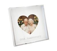 Happy Homewares 60th Anniversary Heart Frame for 4x4 Picture in Nickel Plated with Silver Foil Lettering | For Wall or Table | Modern Square Design
