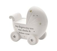 Happy Homewares Adorable Bambino White Resin Children's Decorative Keepsake Money Box - Pram - Perfect for a Little One Saving for a Rainy Day
