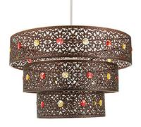 Happy Homewares Antique Bronze Acrylic Gem Moroccan Style Triple Tier Ornate Pendant Light Shade Fitting with Red and Amber Beads | 60w Maximum | 30cm Width