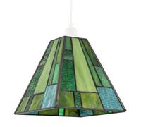 Rectangular Art Deco Styled Tiffany Stained Glass Pendant Lighting Shade with Emerald and Green Toned Panels | 18cm x 20cm | 40w Maximum by Happy Homewares