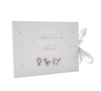 Happy Homewares Baby Keepsake Guest Book with Silver Plated Rattle Pram and Booties