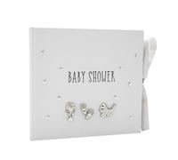 Happy Homewares Baby Shower Photo Album with Silver Plated Rattle Pram and Booties