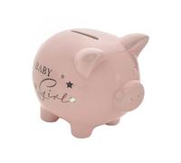 Happy Homewares Bambino Ceramic Piggy Bank Childrens Pink Money Box - Baby Girl - Perfect for a Child Saving for a Rainy Day