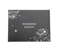 Happy Homewares Beautiful Black Satin Fabric Wedding Day Guest Book with Silver Floral Decor