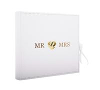 Happy Homewares Beautiful White Ivory Suede Wedding Album Holding 160 4" x 6" Photos with Gold Hearts | MR & MRS in Gold Foil | Customise Wedding Day Info