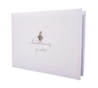 Happy Homewares Beautiful White Satin Fabric Christening Guest Book with Silver Metal Cross and Christening Guests in Stamped Foil Text | 40 Pages | Customize Information