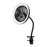 Happy Homewares Black Rechargeable 3 Speed Clip-On Fan with LED Dimmable Halo Ring Light, 4000mAh Battery, 3700K 100LM, Three Speed Quiet for Home or Office