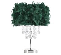 Happy Homewares Modern and Chic Real Forest Green Feather Chandelier Style Table Lamp with Waterfall Clear Acrylic Drops | Chrome Metal Base and Stem