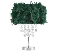 Happy Homewares Modern and Chic Real Forest Green Feather Chandelier Style Table Lamp with Waterfall Clear Acrylic Drops | Chrome Metal Base and Stem