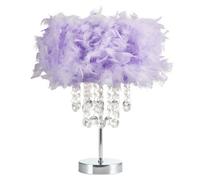 Happy Homewares Modern and Chic Real Lilac Feather Chandelier Style Table Lamp with Waterfall Clear Acrylic Droplets | Chrome Metal Base and Stem
