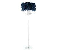 Happy Homewares Modern and Chic Real Midnight Blue Feather Chandelier Style Floor Lamp with Waterfall Clear Acrylic Droplets | Chrome Metal Base and Stem