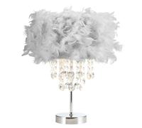 Modern and Chic Real Pale Grey Feather Chandelier Style Table Lamp with Waterfall Clear Acrylic Drops | Chrome Metal Base and Stem by Happy Homewares