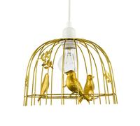 Happy Homewares Chic Birdcage Pendant Shade in Satin Gold Metal with Birds and Leaves