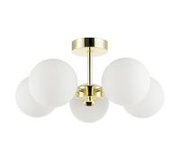Happy Homewares Modern Chic Polished Gold Ceiling Light with Opal White Round Globe Glass Shades | 22cm x 46cm | 5 x 5w G9 | Class 1 Earth Required