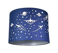 Happy Homewares Childrens/Kids Blue Cotton Bedroom Pendant or Lamp Shade with Stars, Planets, UFOs, Satellites and Aeroplanes Creating Stunning Effect Against The Wall | 25cm Diameter | 60w Maximum