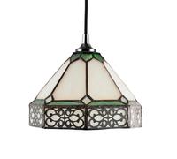Classic 1920s Shabby Chic Pendant Light Shade with Metal Scrollwork Decoration | 20cm x 14cm | Amber and Green Stained Glass Panels by Happy Homewares
