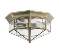 Happy Homewares Classic Flush Ceiling Light in Antique Brass with Clear Glass Panels | 2 x 7w E14 | 30cm Diameter | Bevelled Strip Metal Trims
