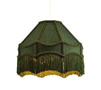 Traditional Classic Handmade Victorian Empire Shade in Floral Print Forest Green Jacquard Cloth with Embroidered Trims and Tassels | 30cm x 19cm | Pendant or Lamp Base by Happy Homewares