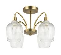 Happy Homewares Classy Antique Brass Ceiling Light Fitting with Clear Mini Ribbed Glass Downlighter Curved Shades | 31cm x 46cm | Requires 4 x 7w LED