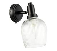 Happy Homewares Classy Matte Black Switched Wall Light with Clear Ribbed Glass Shade