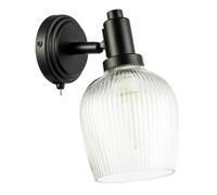 Happy Homewares Classy Matte Black Switched Wall Light with Clear Ribbed Glass Shade