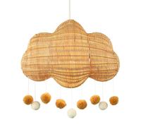 Fun and Chic Cloud Shaped Childrens Rattan Pendant Light Shade with Hanging White and Taupe Pom Pom Balls | 33cm x 24cm by Happy Homewares