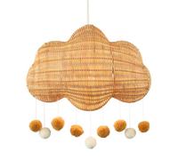 Fun and Chic Cloud Shaped Childrens Rattan Pendant Light Shade with Hanging White and Taupe Pom Pom Balls | 33cm x 24cm by Happy Homewares