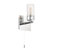 Compact Designer IP44 Rated Bathroom Wall Light Fixture with Tubular Glass Shade in Shiny Polished Chrome | Pull Switch | 1 x 18w G9 Bulb by Happy Homewares