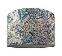 Contemporary and Vivid Peacock Print Table/Pendant Drum Lamp Shade in Teal, Grey, Blue and Silver Cotton - 40cm with Silver Satin Fabric Inner Lining | 60w Maximum by Happy Homewares