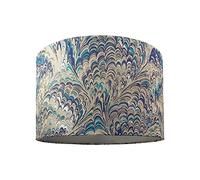 Contemporary and Vivid Peacock Print Table/Pendant Drum Lamp Shade in Teal, Grey, Blue and Silver Cotton - 25cm with Silver Satin Fabric Inner Lining | 60w Maximum by Happy Homewares