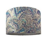 Contemporary and Vivid Peacock Print Table/Pendant Drum Lamp Shade in Teal, Grey, Blue and Silver Cotton - 35cm with Silver Satin Fabric Inner Lining | 60w Maximum by Happy Homewares