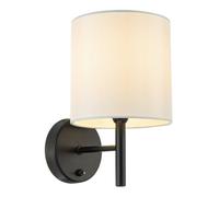 Happy Homewares Contemporary Bedside Wall Lamp in Matte Black with Toggle Switch and Off White Fabric Shade | 24cm x 15cm x 10cm | 1 x 7w E14